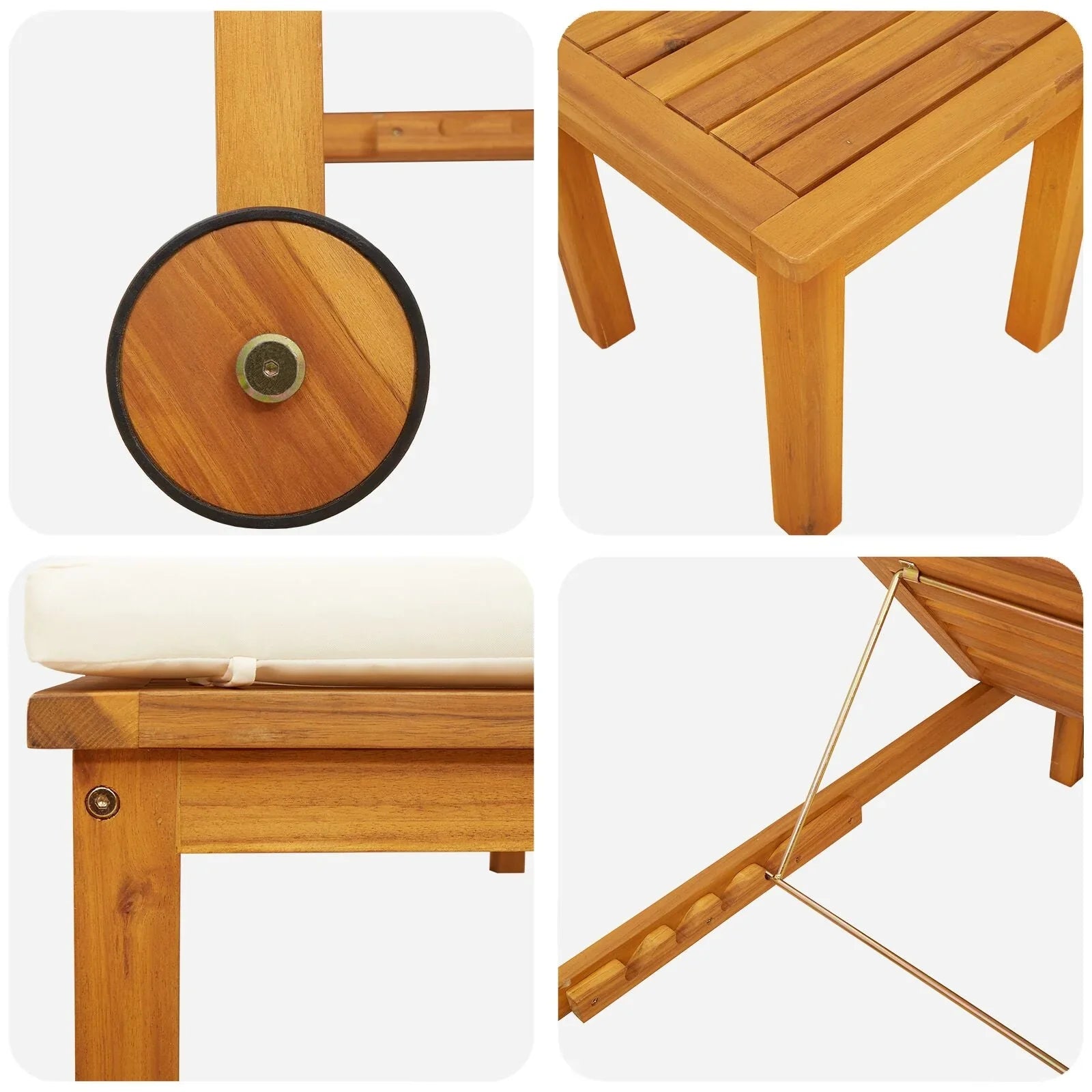 2025 Tumbonas 2 pcs con Mesa y Cojines de Madera Maciza de Acacia, Tumbona con Cojines Crema de Madera Maciza de Acacia, Mesa Lateral de Jardín 35x35x34 cm de Madera Maciza de Acacia V8526