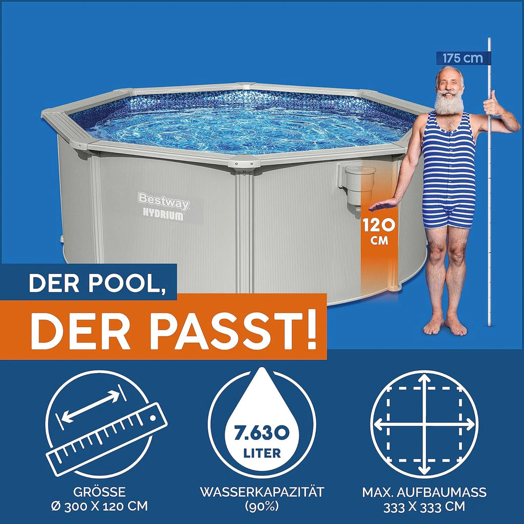 Bestway Hydrium - Piscina de Pared de Acero con Filtro de Arena, diámetro de 300 x 120 cm, Gris, Redonda