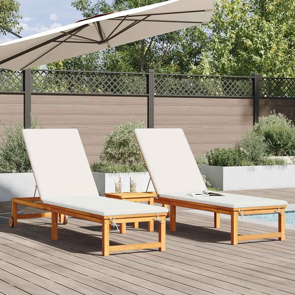 2025 Tumbonas 2 pcs con Mesa y Cojines de Madera Maciza de Acacia, Tumbona con Cojines Crema de Madera Maciza de Acacia, Mesa Lateral de Jardín 35x35x34 cm de Madera Maciza de Acacia V8526