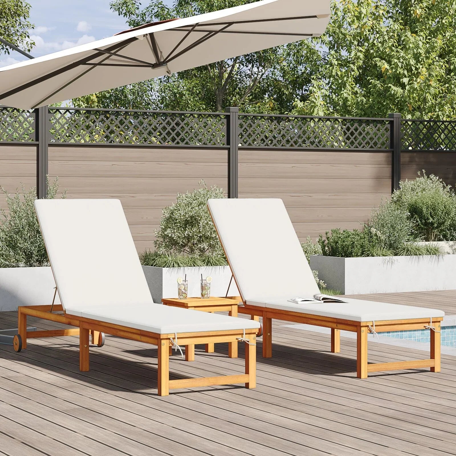 2025 Tumbonas 2 pcs con Mesa y Cojines de Madera Maciza de Acacia, Tumbona con Cojines Crema de Madera Maciza de Acacia, Mesa Lateral de Jardín 35x35x34 cm de Madera Maciza de Acacia V8526