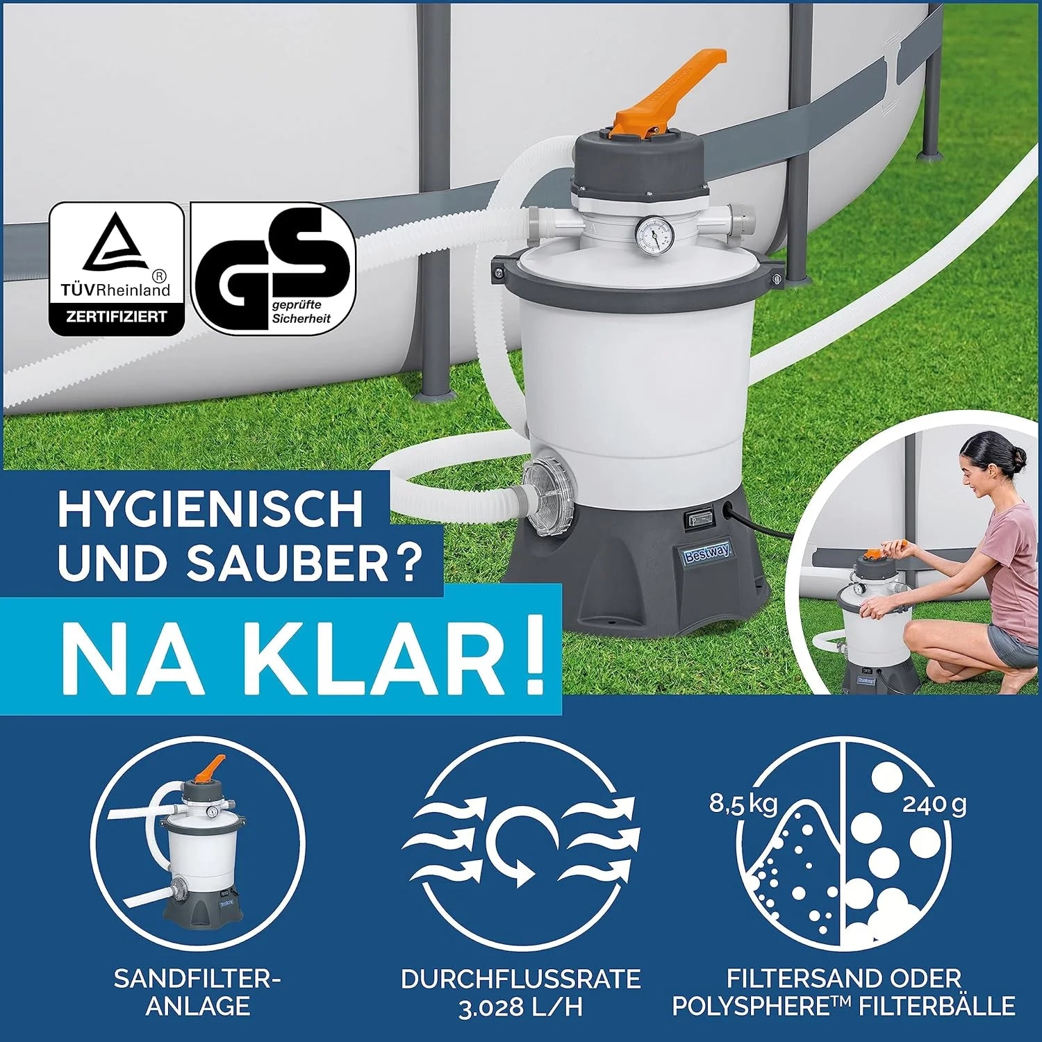 Bestway Hydrium - Piscina de Pared de Acero con Filtro de Arena, diámetro de 300 x 120 cm, Gris, Redonda