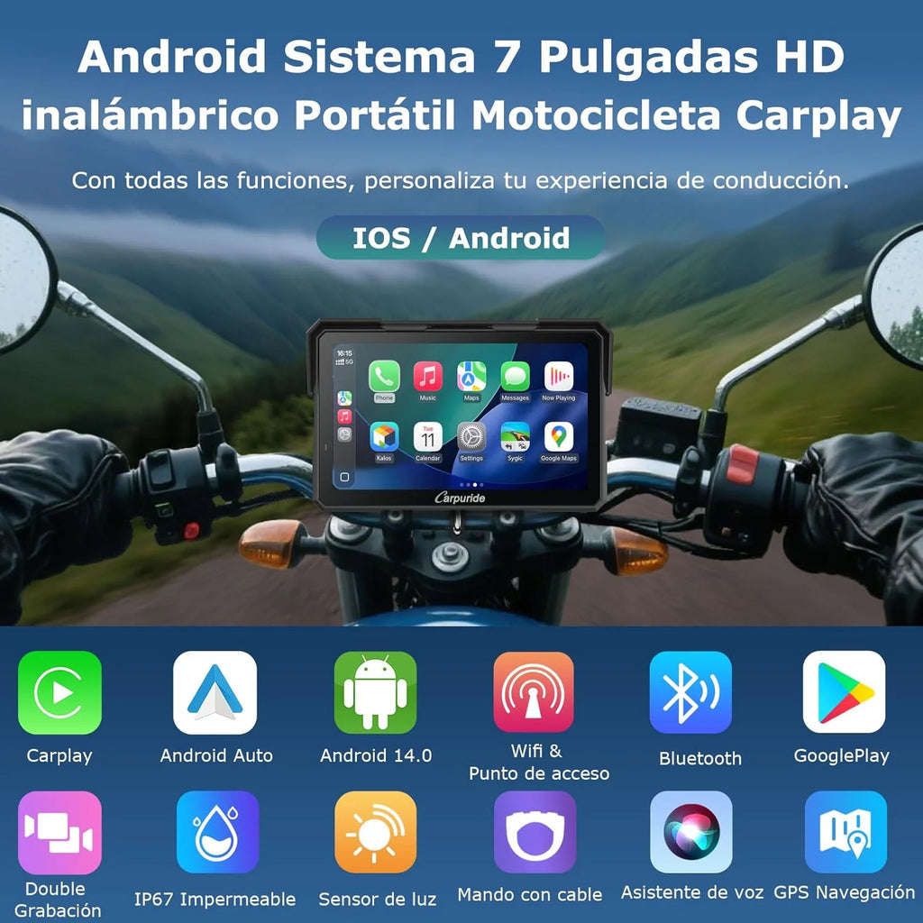 Carpuride W702 Plus Android 14 Motocicleta Carplay Pantalla con Doble Cámara, CarPlay y Android Auto Inalámbricos,7" Pantalla Táctil Impermeable, Audio BT,Grabación Bucle, Navegación Online y Offline.