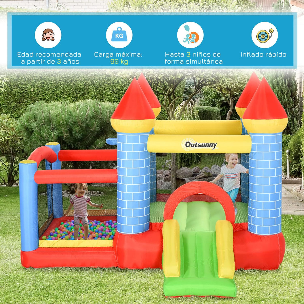Outsunny Children's Inflatable Castle with Slide Jumping Bed and Carry Bag for Indoor and Outdoor 280 x 260 x 210 cm, Multicoloured