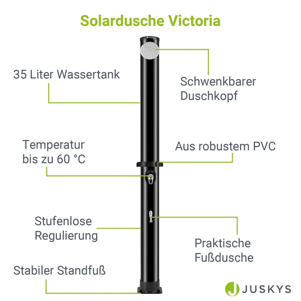 2025 Ducha Solar de Jardín Victoria 20 L Negra con Rociador Lluvia, Regulador de Temperatura y Ducha para Pies