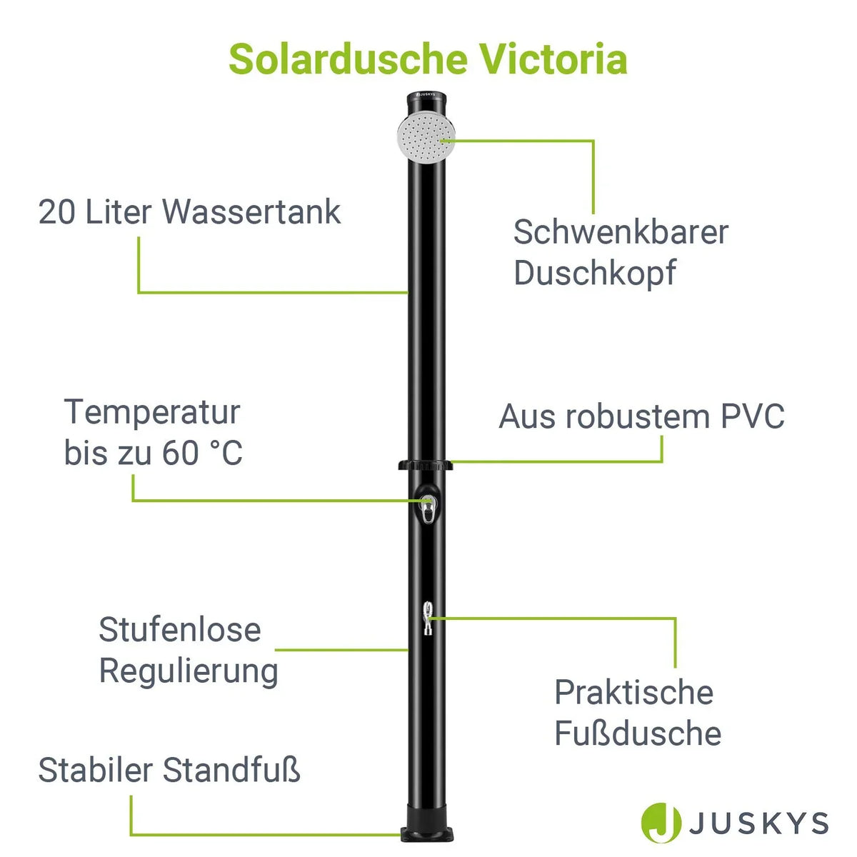 2025 Ducha Solar de Jardín Victoria 20 L Negra con Rociador Lluvia, Regulador de Temperatura y Ducha para Pies