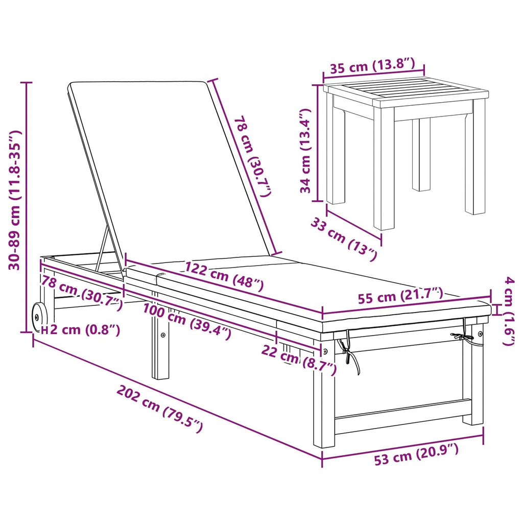 2025 Tumbonas 2 pcs con Mesa y Cojines de Madera Maciza de Acacia, Tumbona con Cojines Crema de Madera Maciza de Acacia, Mesa Lateral de Jardín 35x35x34 cm de Madera Maciza de Acacia V8526