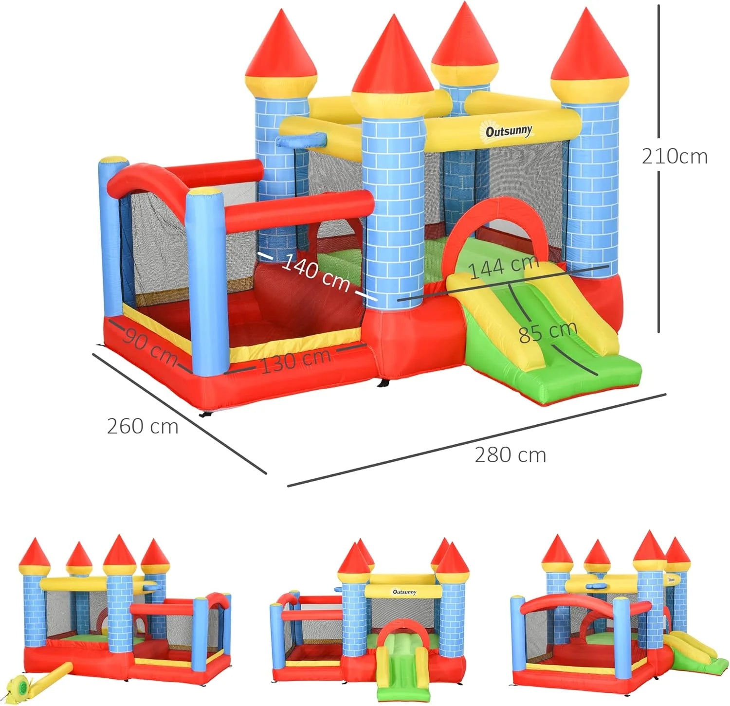 Outsunny Children's Inflatable Castle with Slide Jumping Bed and Carry Bag for Indoor and Outdoor 280 x 260 x 210 cm, Multicoloured