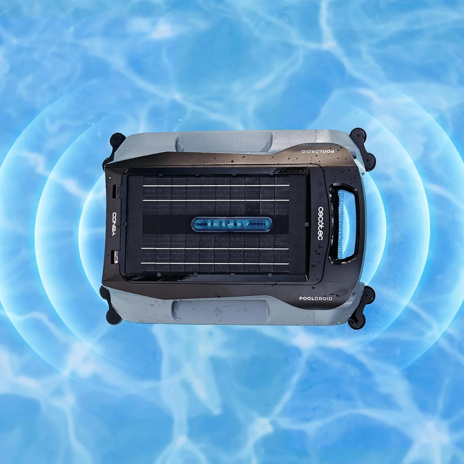 Cecotec Robot Limpiapiscinas para Superficie y Línea de Flotación Conga Pooldroid AquaSkater. Carga Solar, Autonomía 16h, Cesta de 4,5L y un Filtro de 187,5μm, Navegación Sensores Ultrasónicos