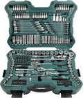 Mannesmann M98430 - Maletín con llaves de vaso y otras herramientas (215 piezas, tamaño: 12x36x51 cm), Color Verde Mannesmann