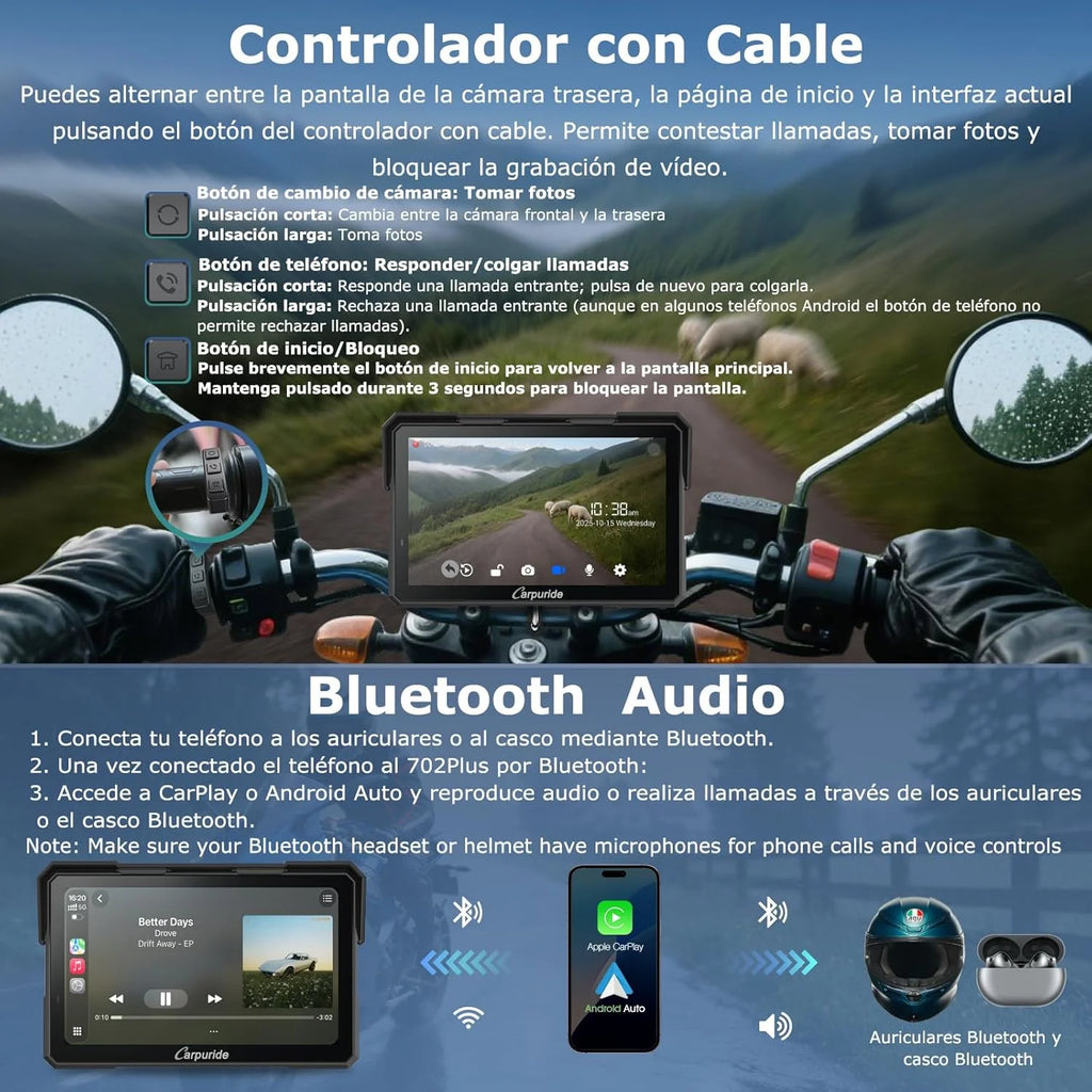Carpuride W702 Plus Android 14 Motocicleta Carplay Pantalla con Doble Cámara, CarPlay y Android Auto Inalámbricos,7" Pantalla Táctil Impermeable, Audio BT,Grabación Bucle, Navegación Online y Offline.