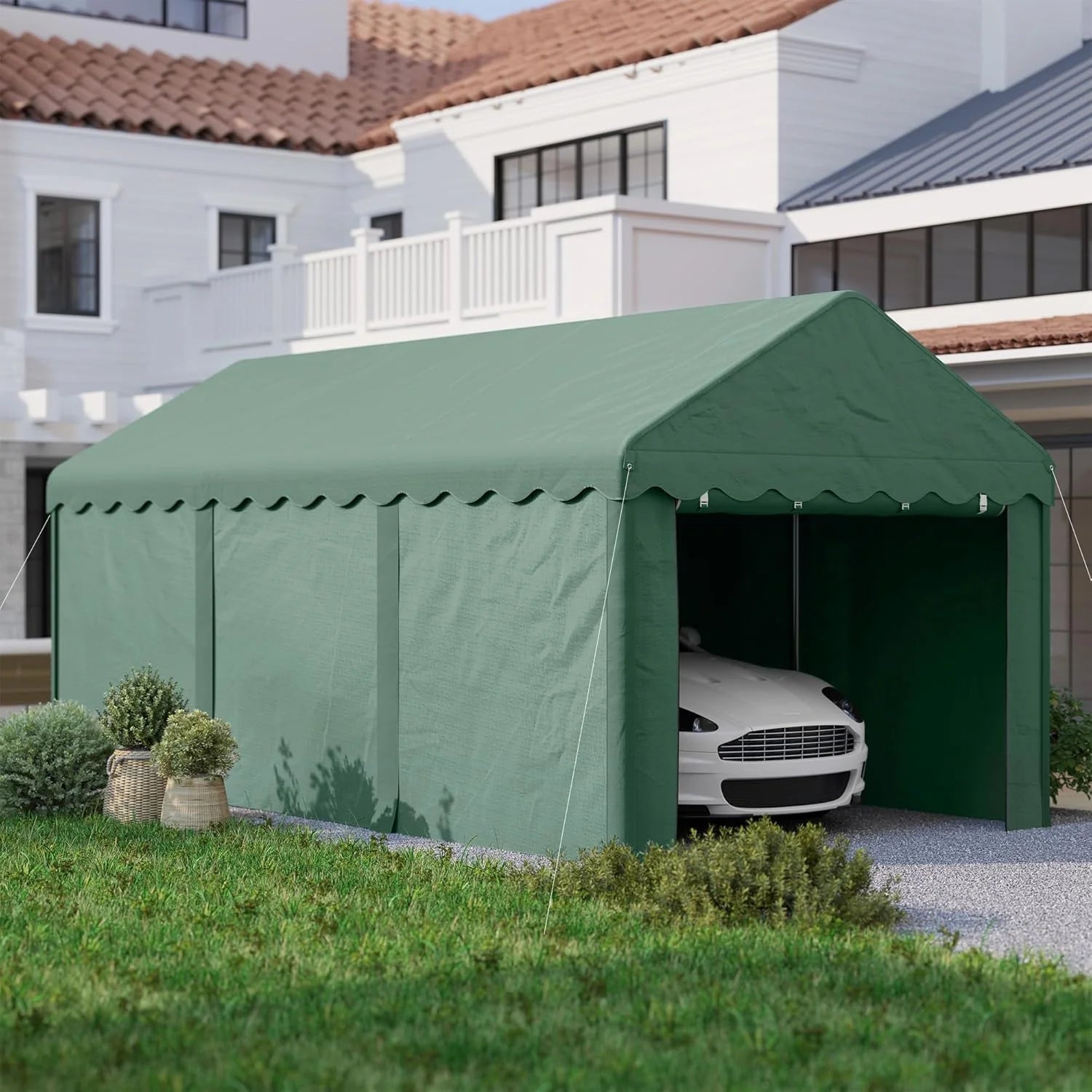 Outsunny Carpa Garaje 6x3 m Garaje Exterior para Coche Impermeable Garaje Portátil Anti-UV con Paredes Laterales Desmontables y 2 Puertas con Cremallera Verde
