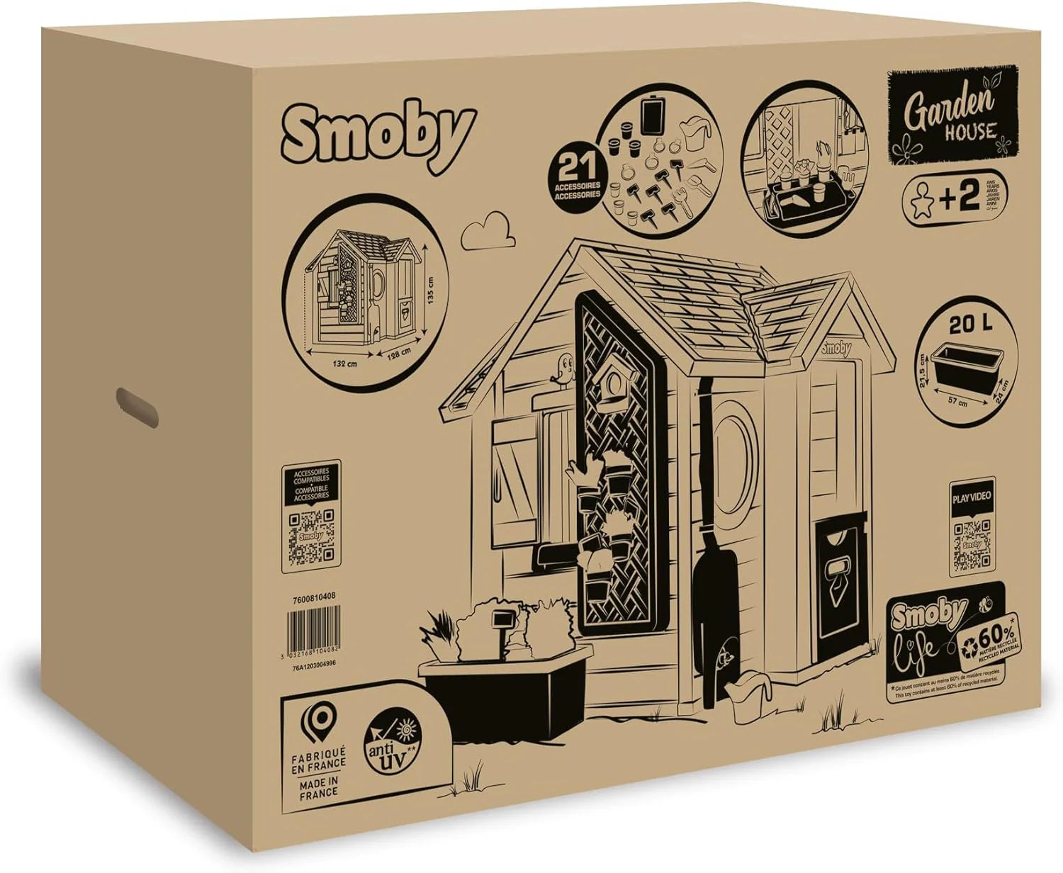 Smoby Life Garden House - Casa de Jardín Infantil de jardinería- Incluye Jardinera, Comedero para Pájaros, Herramientas y Accesorios - Protección UV - Material Reciclado - más de 2 años (7600810408)