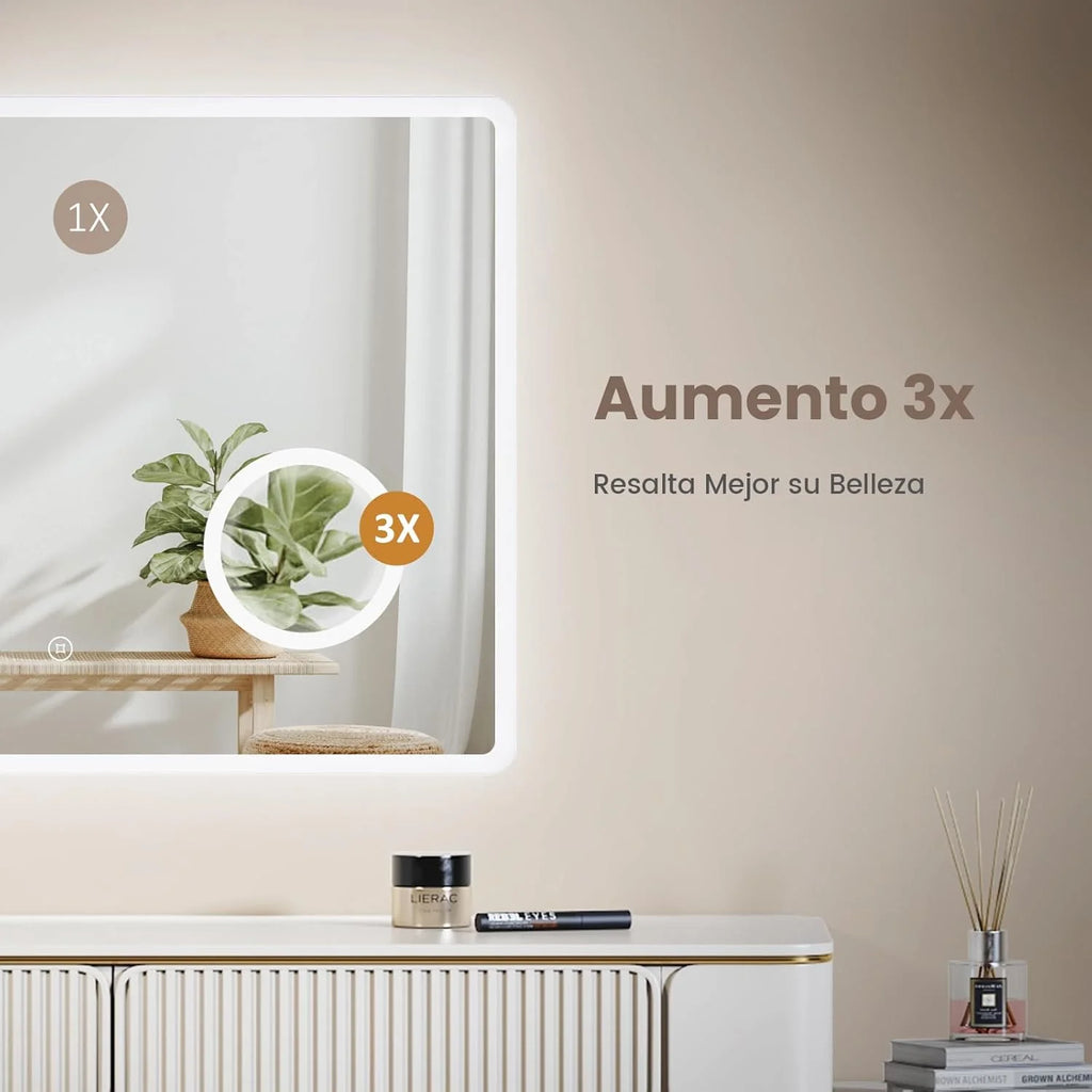 EMKE Espejo LED de Baño 90 x 70 cm, con Interruptor Táctil, Antivaho, Lupa 3X, Reloj, 6500K