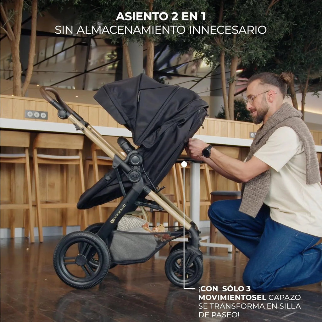 Kinderkraft MOOV XL 3 en 1, Carrito bebé hasta 27 kg, Carro, Con Asiento I-SIZE 40-75 cm, Plegable, Amortiguación, Convertible, Capazo XL, Con accesorios, Gris Claro