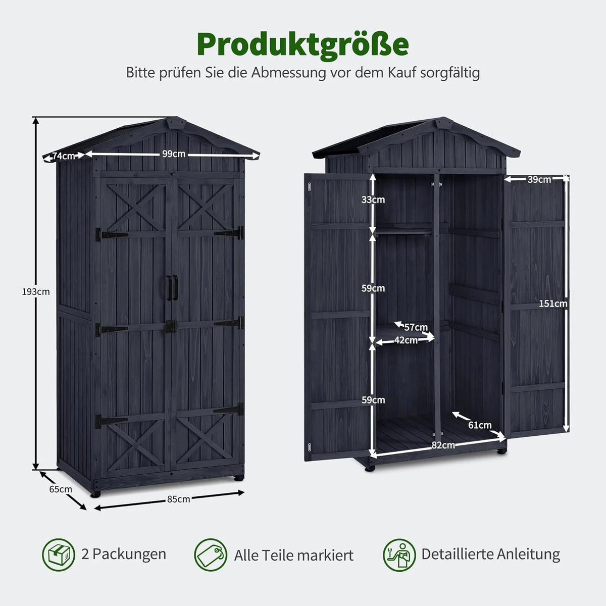 M MCombo Armario de jardín caseta de jardín de Madera Resistente a la Intemperie, Armario Exterior Impermeable con Suelo, para Uso Exterior balcón, 74×99×193 cm (Gris Antracita)