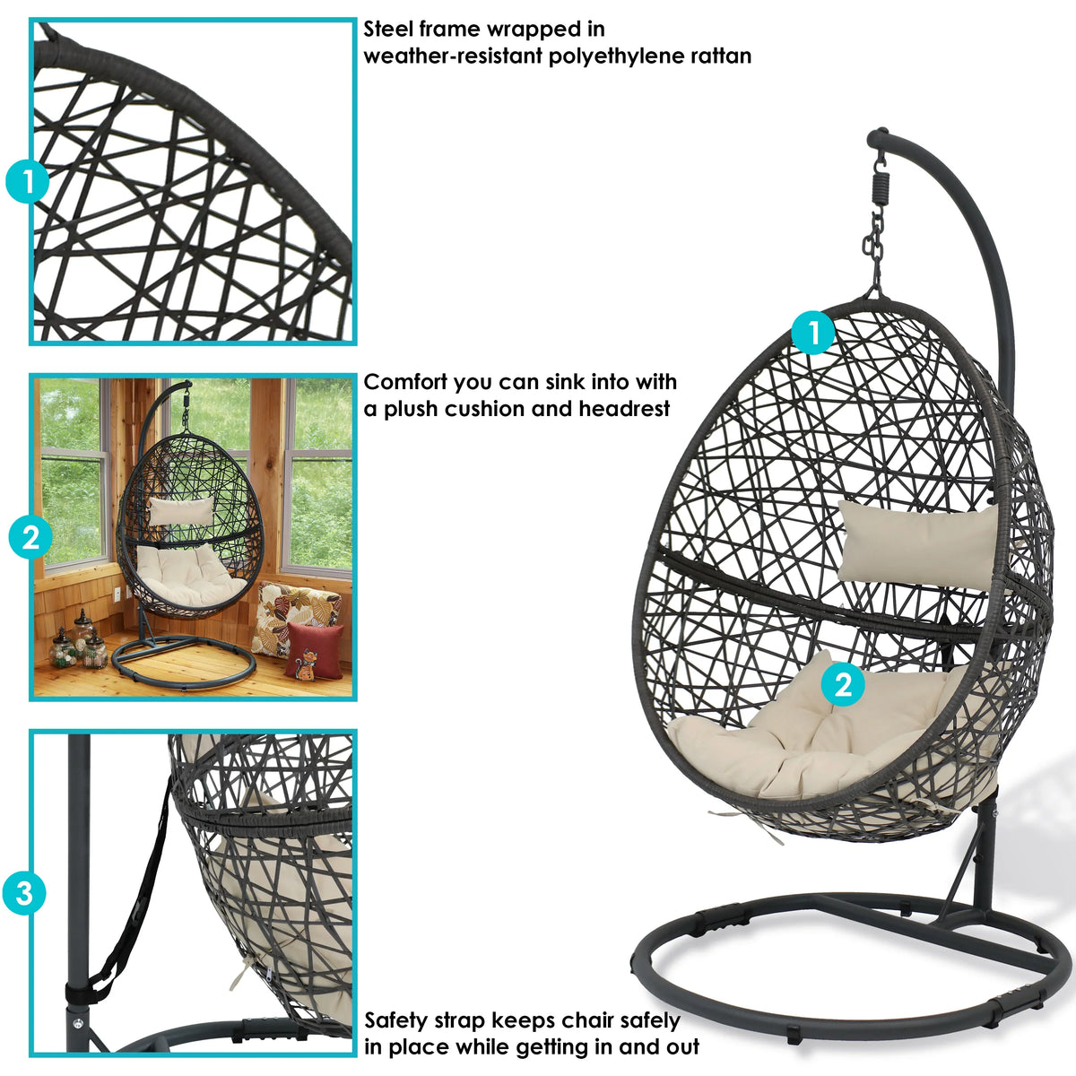 2025 Silla Colgante Sunnydaze Caroline en Forma de Huevo con Estructura de Acero y Cojín
