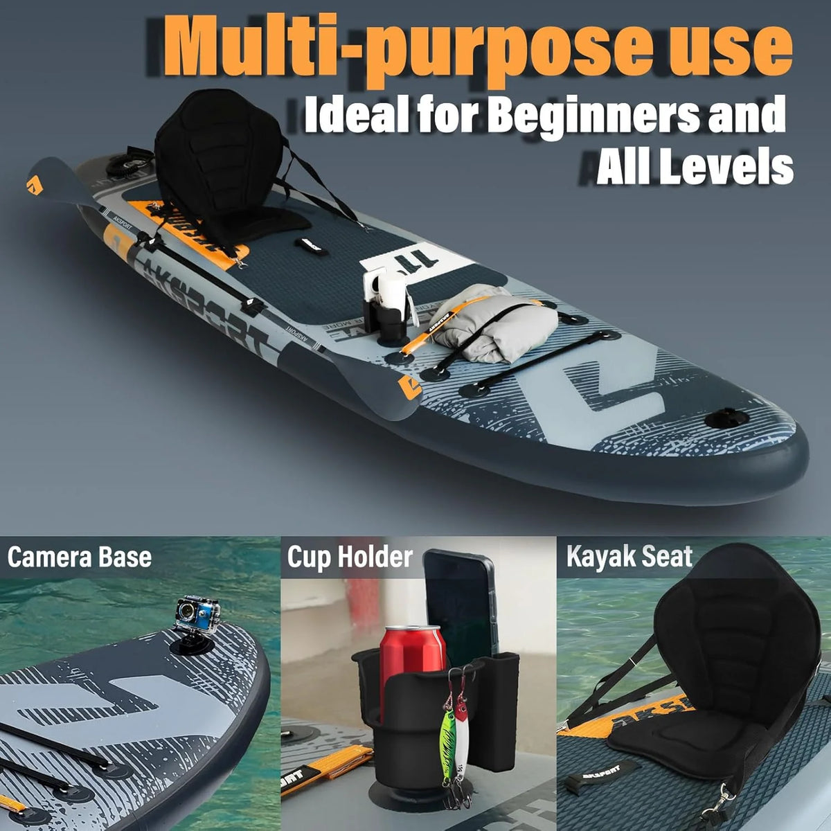 AKSPORT Tabla hinchable de surf de remo, tabla de surf hinchable con todos los accesorios, diseño ancho y estable, tabla antideslizante, tabla de remo para jóvenes y adultos