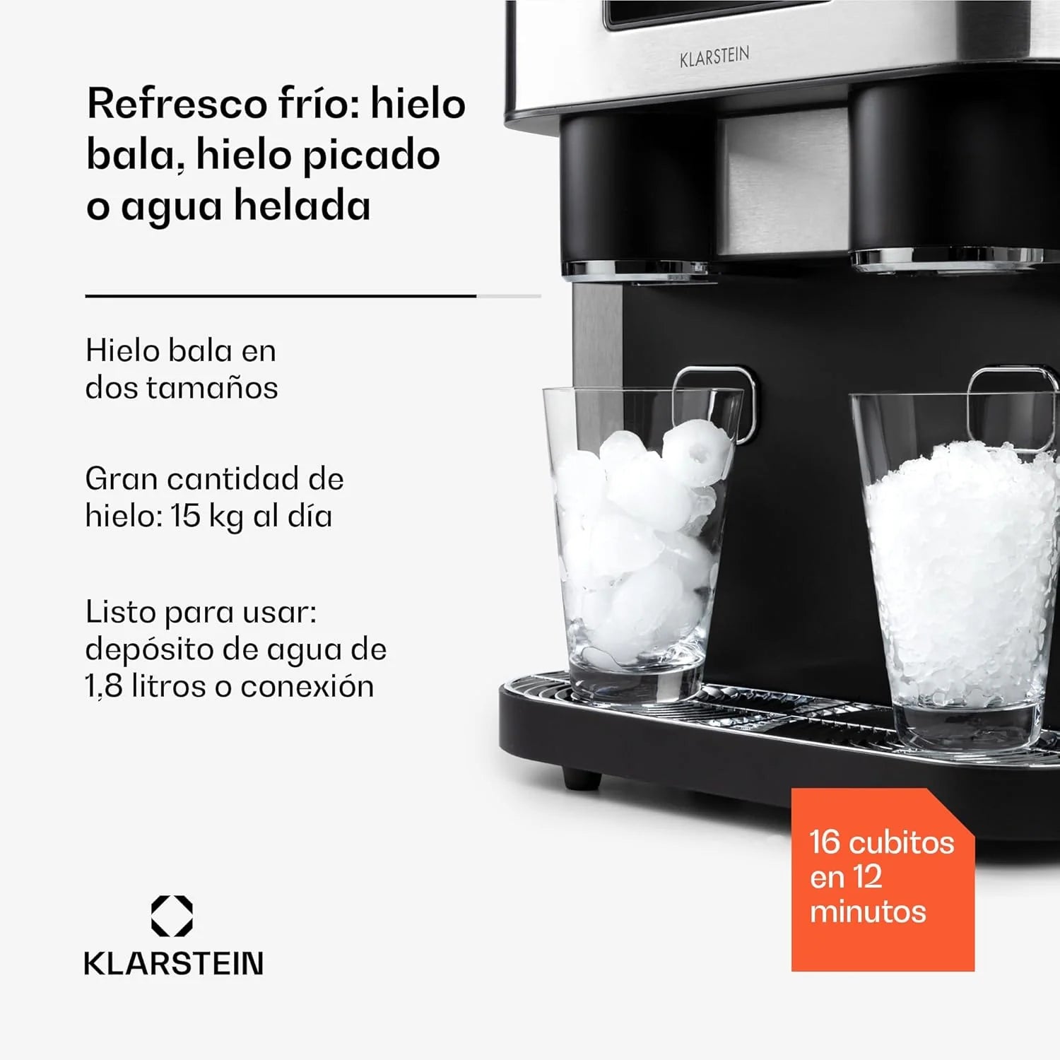 Klarstein Maquina de Hielo Doméstica, 1,8L, Gris oscuro, Ice Maker Encimera 15 kg, para Hacer Cubitos de Hielo y Picado en Casa, con Panel Táctil y Sistema Fácil Limpieza, Función Rápida